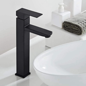 Tall 12" inch Basin Mixer - Black - Stainless Steel with Hose Pipe